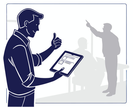 Businessman demonstrating tablet content with approval gesture during presentation in office setting