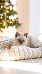 White kitten in festive corner with soft blanket