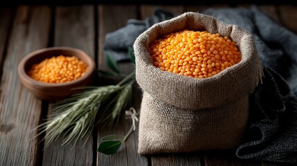 Yellow Lentils in Burlap Sack on Wooden Background