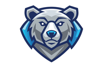 bear head shows symmetrical design with blue accents and serious expression