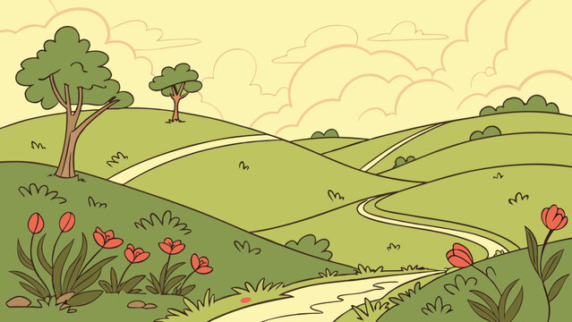 Idyllic rolling green hills with winding paths and blooming tulips