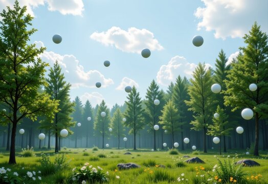 co2 molecules surrounding forest trees and being absorbed, minimalistic atmospheric visualization showing the greenhouse gas reduction process in real time