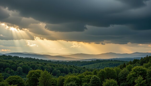dramatic forest under stormy sky absorbing rising co2 levels, stylized gas molecules being captured by leaf surfaces, moody environmental message