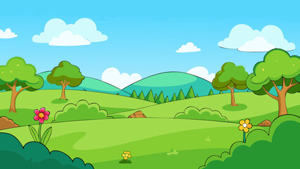 Obraz premium Vibrant cartoon landscape with rolling green hills trees and flowers