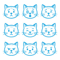 Cute blue line cat face expressions in sketch style showing various emotions like happy, sad, angry, and surprised.