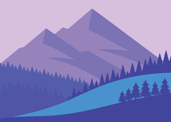 Geometric Mountain Landscape with Trees in Purple and Blue