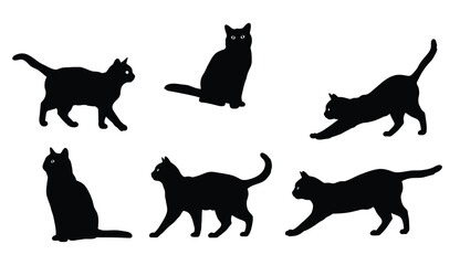 Black Cat Silhouette Set – Sitting and Walking Poses on White Background