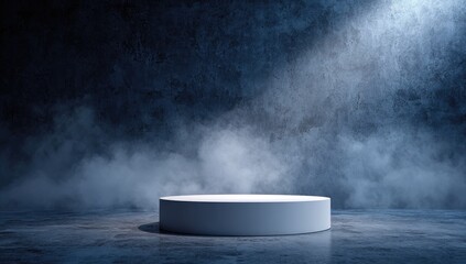 Empty white pedestal in smoky dark room (1)