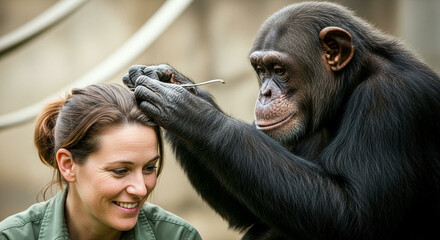 Zookeeper Feeding a Chimpanzee in an Enclosure