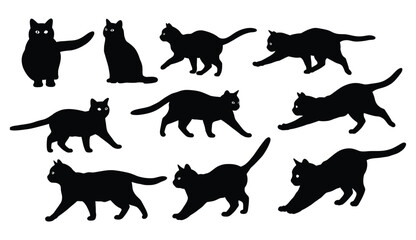 Black Cat Silhouette Set – Sitting and Walking Poses on White Background