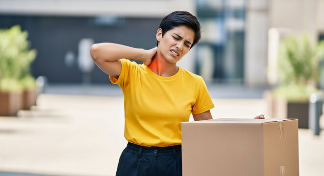 Neck Pain Hits Suddenly as Delivery Worker Halts Mid-lift and Grabs Sore Neck Muscles