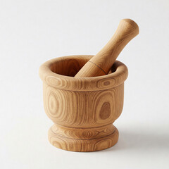 A wooden mortar and pestle, standing on a white surface, ready for use in grinding ingredients