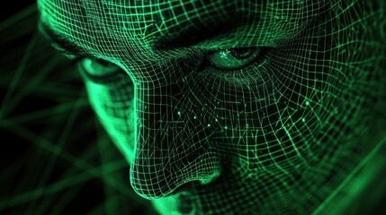 Close-up of a digital face, green mesh