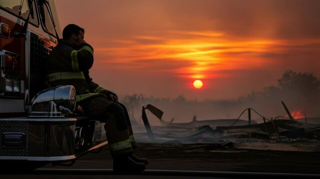 Firefighter Contemplating Sunset After Fire - A silhouetted firefighter sits on the side of a firetruck, gazing at a vibrant sunset over a recently extinguished fire.