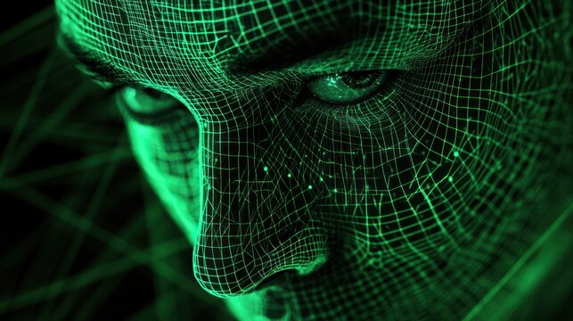 Close-up of a digital face, green mesh