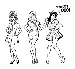 retro pinup girls comic style vector set