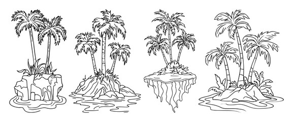 tropical islands with palm trees set line art vector