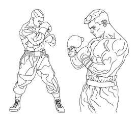 two boxers fighting sparring match line art vector set