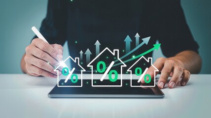 Real estate market growth is visualized with rising arrows and percentage signs over houses on a digital tablet