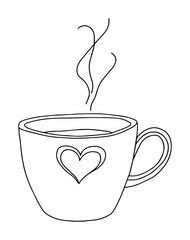 coffee cup with heart and steam line art drawing
