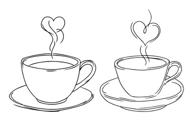 two coffee cups with heart shaped steam line art