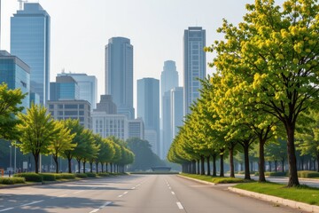 tree lined park in polluted city purifying air, haze visibly clearing near green zones, realistic visual of natural air quality improvement, soft lighting