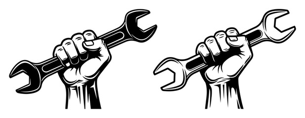 hand holding wrench vintage mechanic logo vector