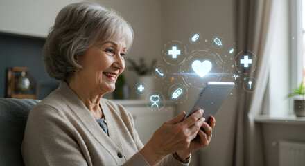 Senior woman talking to doctor via tablet from home. Medical icons floating around screen