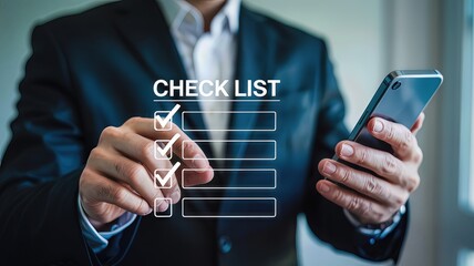 A person uses a smartphone with a digital checklist, symbolizing task management, business organization, and productivity
