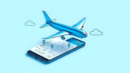 Clipart of a 3D embossed airplane flying over a boarding pass and mobile phone screen