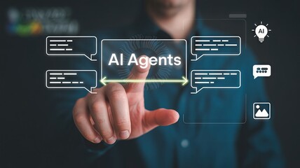 A person is touching a digital screen displaying ai agents, representing the advancement of virtual assistants and automated communication