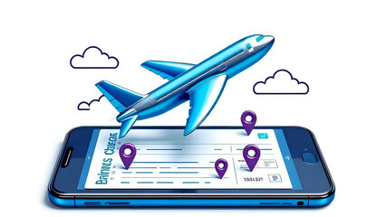Clipart of a 3D embossed airplane flying over a boarding pass and mobile phone screen
