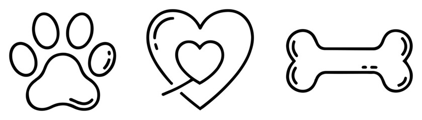 pet love icons set with paw print heart and bone