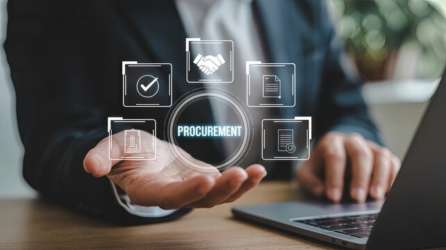 Digital icons representing procurement processes float above a persons hand using a laptop, symbolizing modern business technology and efficiency - Powered by Adobe