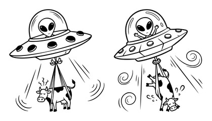 funny ufo abduction of cows by aliens illustration