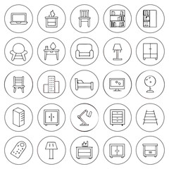 Collection of furniture icons including chairs beds tables lamps and storage units arranged in a grid pattern