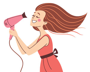 Happy woman styling her hair with blow dryer in a charming cartoon illustration