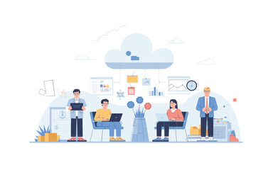 Cloud Computing Team Collaboration: People Working with Data Visualization, Dashboards, and Cloud Services