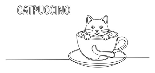 cute cat in coffee cup pun catpuccino line art