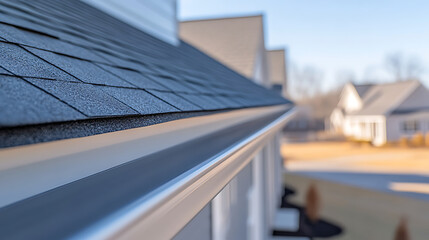 Close-up shot of a modern roof and gutter system against a blurred suburban backdrop. The angular shot highlights the architecture.