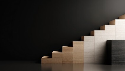 Wooden steps ascend against a black wall