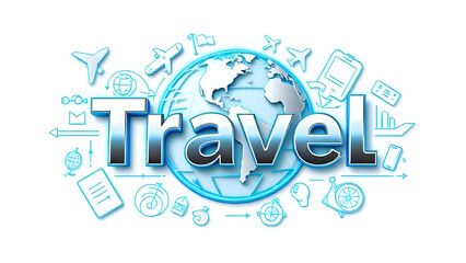 Travel Agency Logo ,3D embossed travel agency logo with globe, airplane, passport, and compass icons.