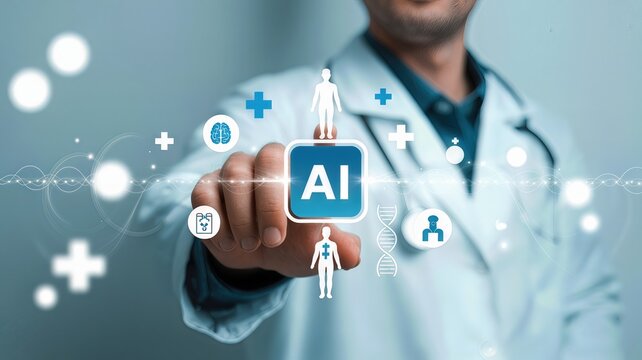 A doctor is touching an ai interface, symbolizing the integration of artificial intelligence in healthcare and medicine