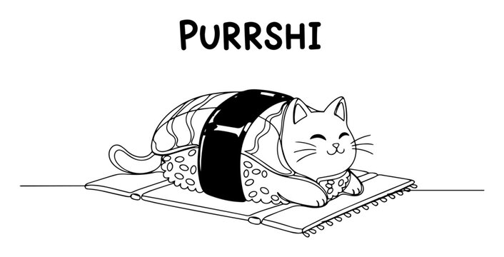 purrshi cat sushi mashup in cute black and white pun illustration