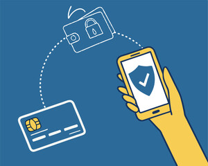 Secure mobile payment illustration with credit card wallet and smartphone technology