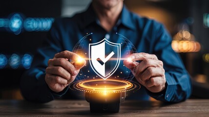 A man is holding a virtual shield with a checkmark, symbolizing cybersecurity and data protection