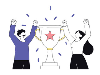 Winners celebrate achieving success and winning trophy with joyful expressions