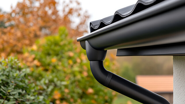 Black roof gutter system of a home, angled view, with trees in the background. Modern design, home exterior, drainage solution, water management.