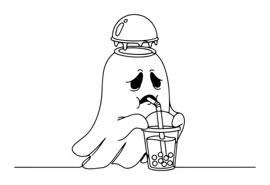 cute sad ghost drinking bubble tea cartoon character vector