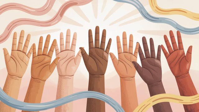 Hands of Diversity and Inclusion: Raised Hands in Unity, Diverse Hands Reaching Out for Equality, Diverse Hands Symbolizing Inclusion and Unity